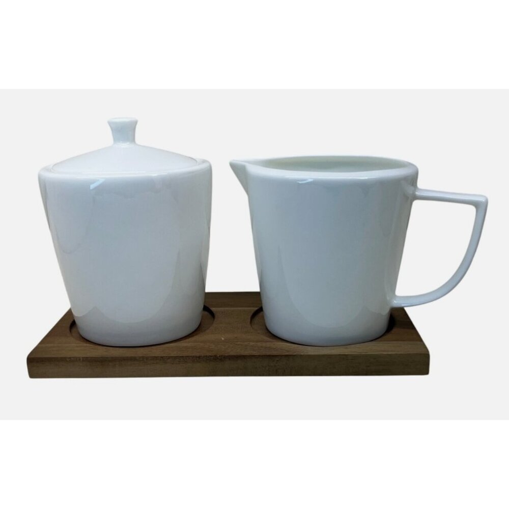 Ciroa Simplus White Creamer Sugar Bowl with Lid Wood Wooden Tray